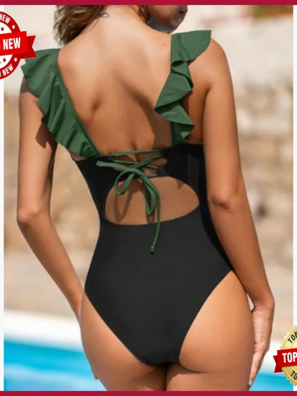 Large One Piece Swimsuit with Ruffle and Lace Up Back Tummy Control_2